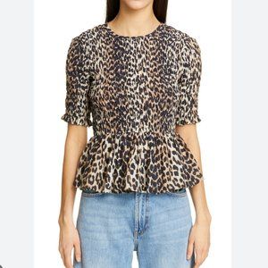 Ganni Leopard Print Short Sleeve Peplum Top Sz 36 / US 4 / Small